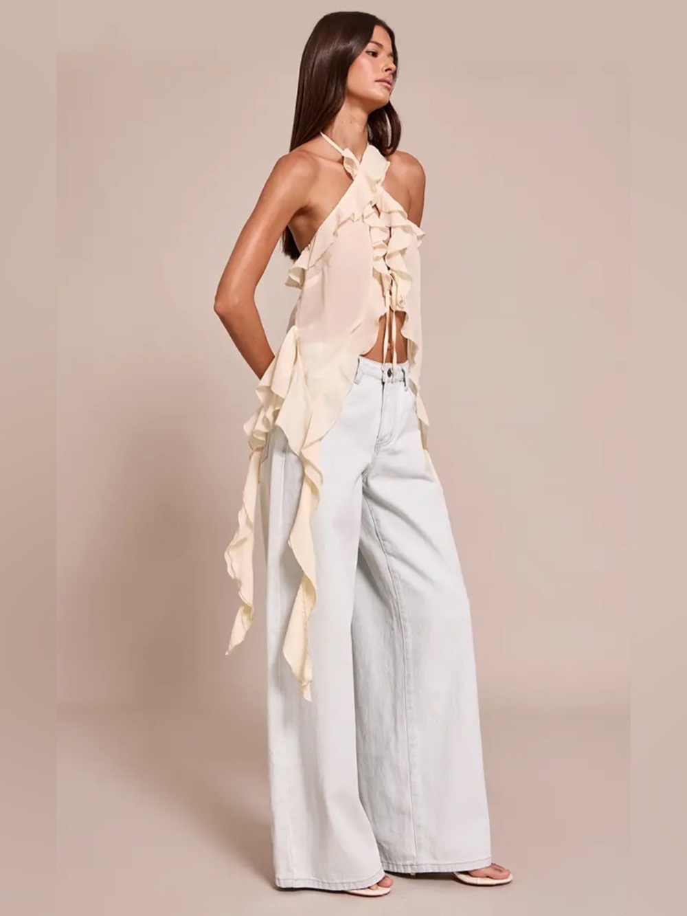 NWT PrettyLittleThing Cream Chiffon Ruffle Halter Longline Top Size 0